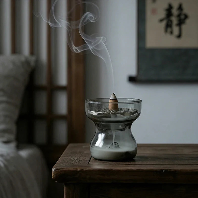 Glass Incense Burner Mountain Incense Holder for Coil Incense and Cone Incense with Glass Ash Catcher for Meditation Yoga Spa