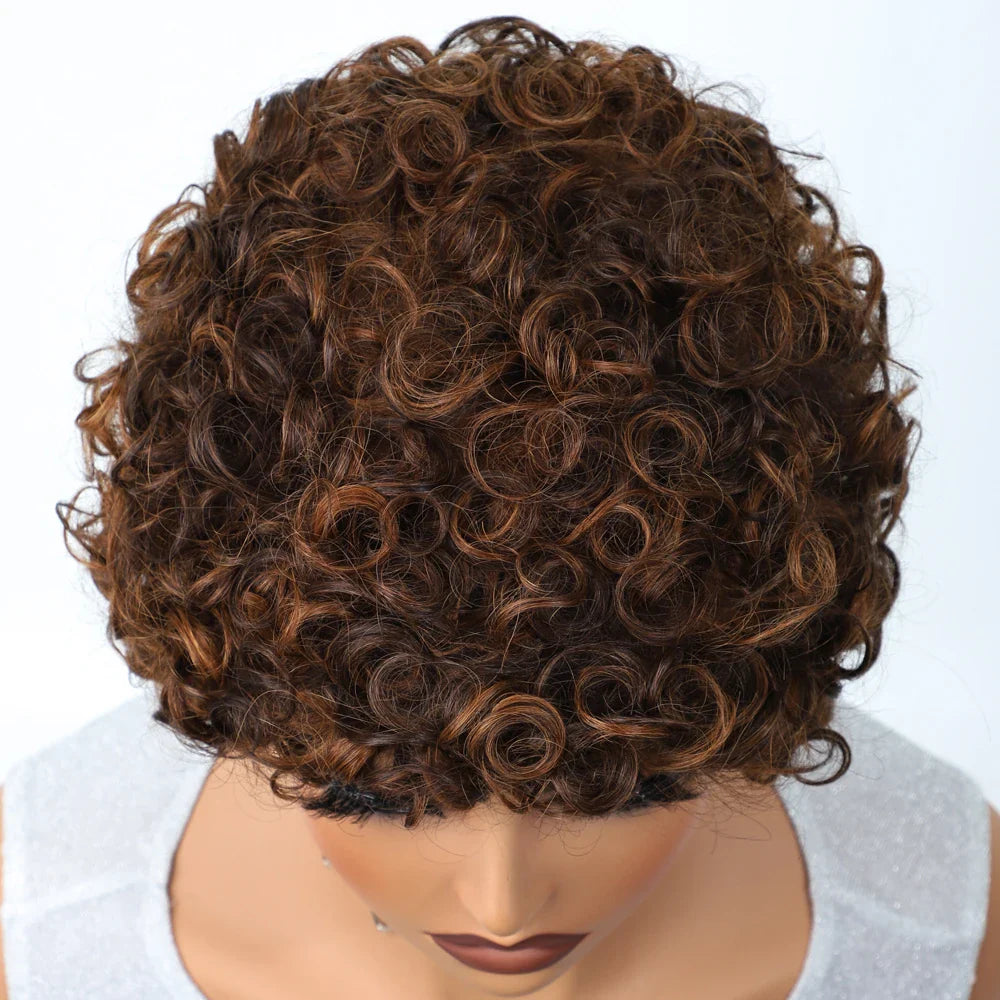 Sleek Short Pixie Afro Kinky Curly Wig with Bangs | Glueless Malaysian Human Hair Bob
