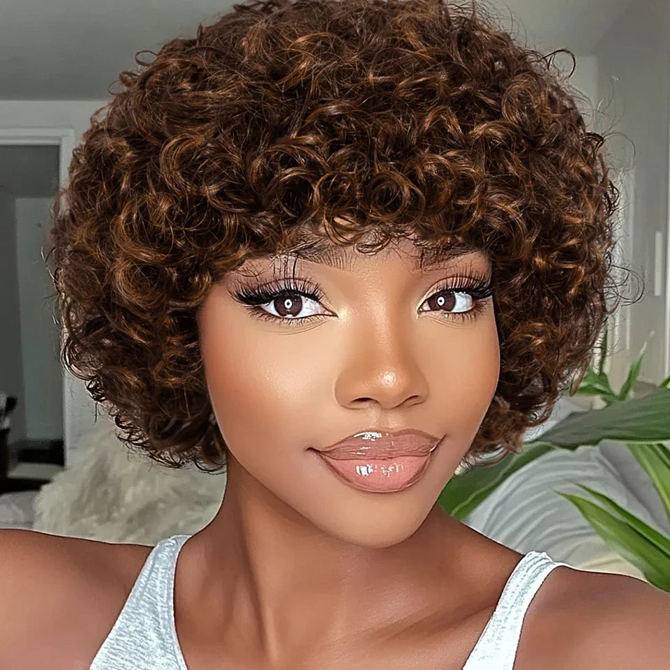 Sleek Short Pixie Afro Kinky Curly Human Hair Wig | Glueless Natural Brown 99J Bob with Bangs
