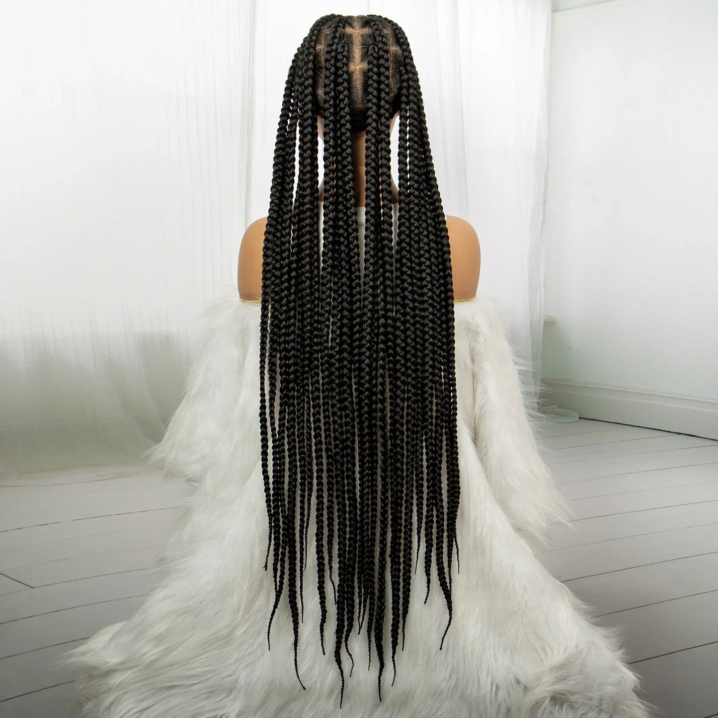 34" Knotless Box Braids Full Lace Wig | Long Black Synthetic Braids | Transparent Lace