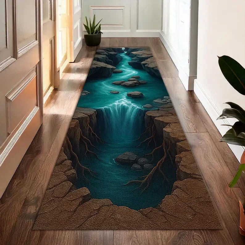 3D Waterfall Canyon Carpet Mat Rug Realistic Nature Print Non-slip Floor Mat for Living Room Bedroom Hallway Home Decoration