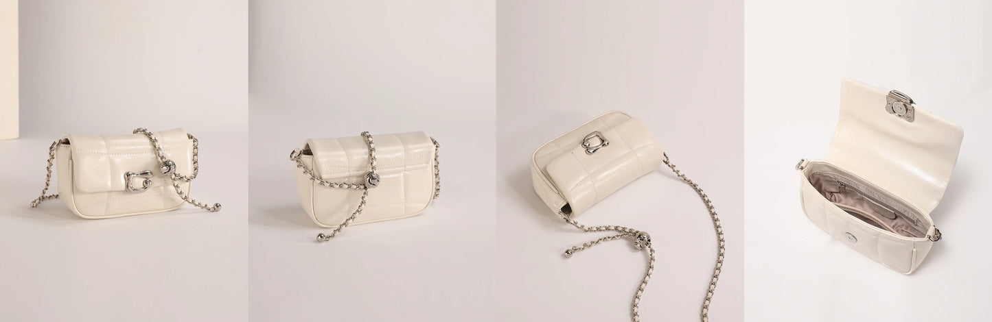 Genuine Leather Crossbody Bag | Luxury Brand Shoulder Bag with Chain Strap & Unique Design Quilted Handbag