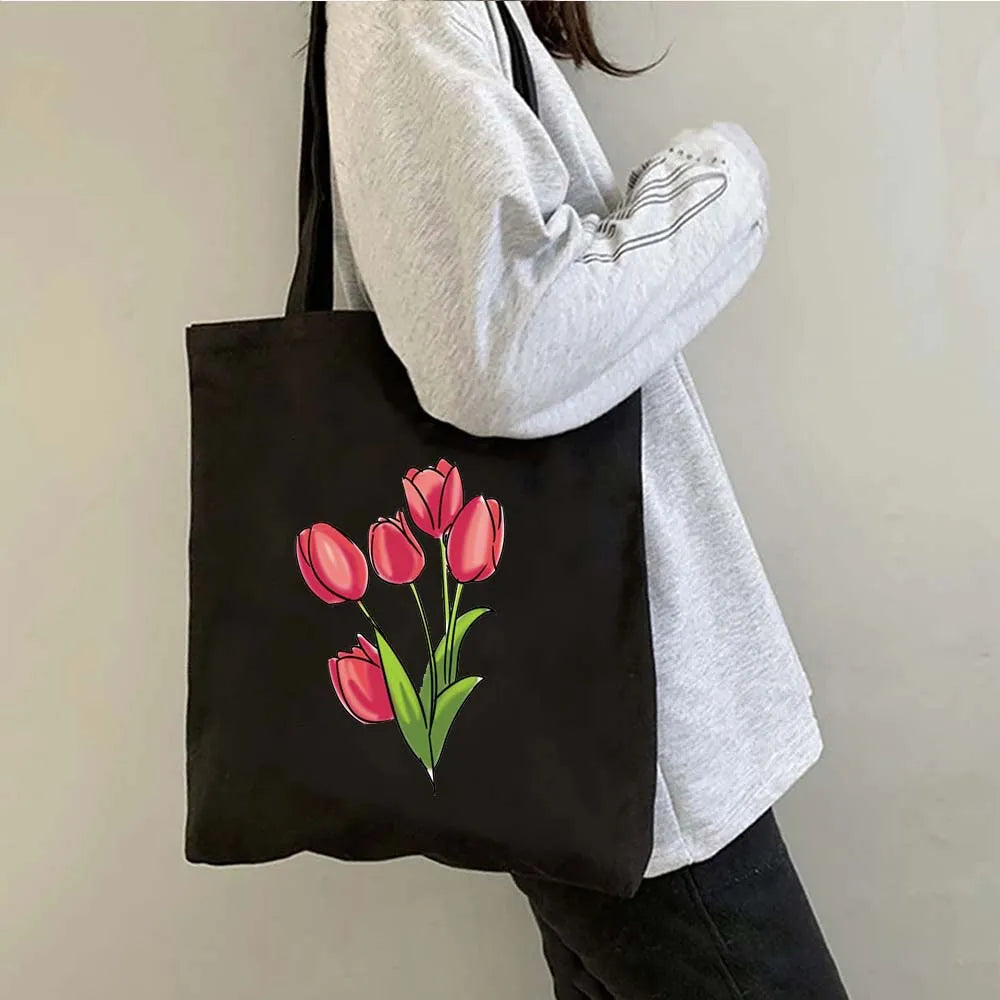 Succulove Floral Cotton Tote Bag | Large Capacity Handbag with Tulips, Hydrangeas, Sunflowers & More (Casual Shoulder Shopper, Eco-Friendly)