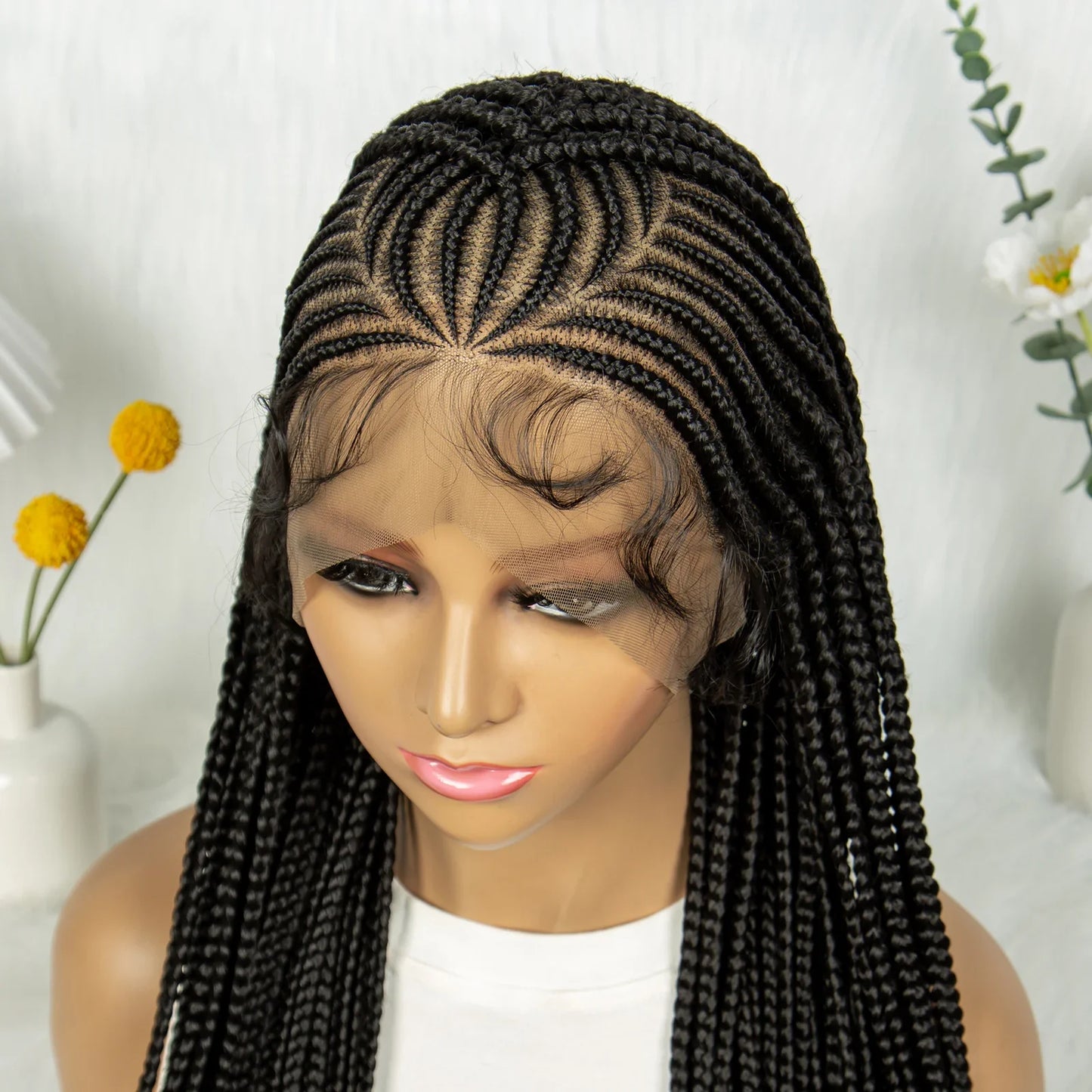 HD Transparent Full Lace Cornrow Knotless Box Braids Wig | Synthetic Goddess Braided Wig for Black Women