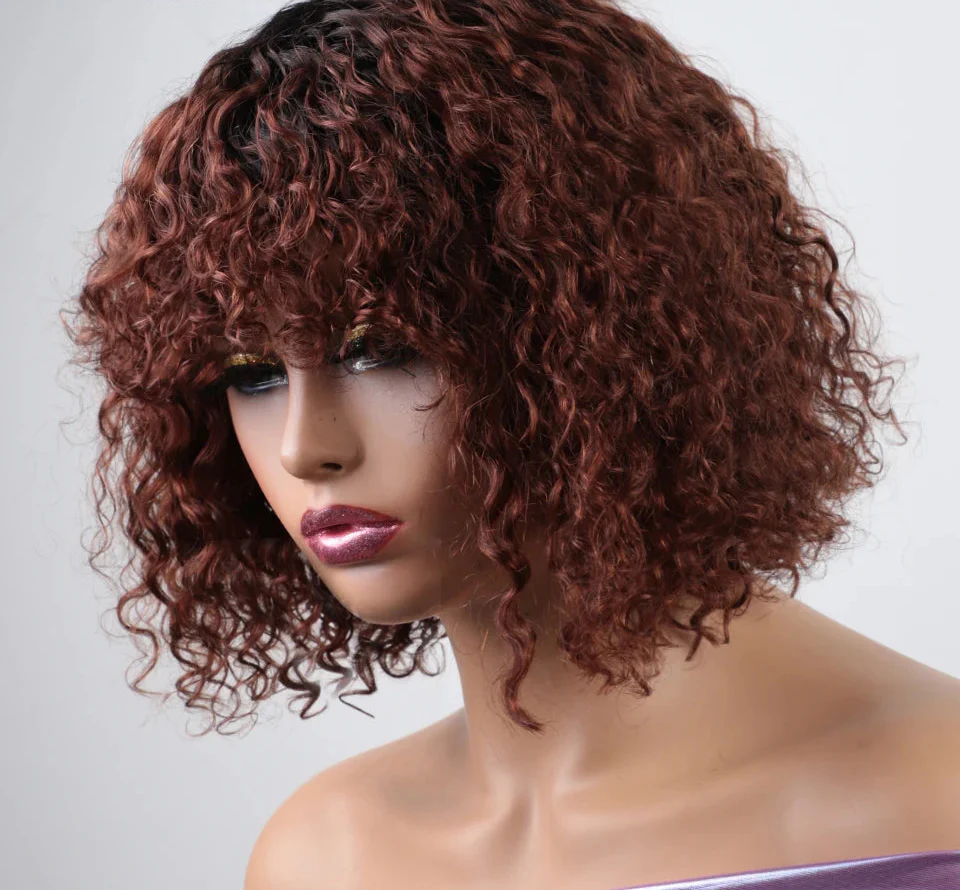 Brown Ombre Afro Kinky Curly Bob Human Hair Wig with Bangs | Brazilian Remy Loose Deep Wavy Wigs for Women