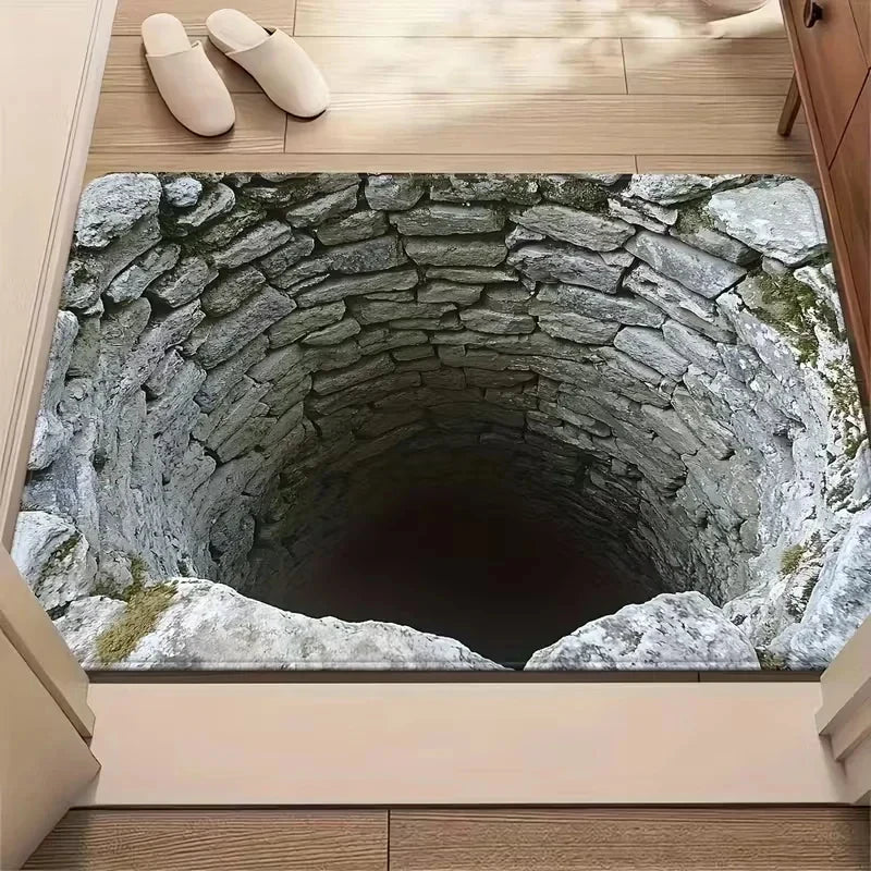 3D Visual Illusion Hole Pattern Doormat Imitation Stone Home Decor Carpet Water-absorbent Non-slip Mat for Living Room Bedroom