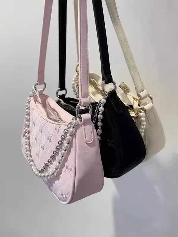 Women's Shoulder Bag | Elegant Cute Bow Pearl Chains & Embroidery Handbag (Casual Leather Korean Fashion Female Handbag)