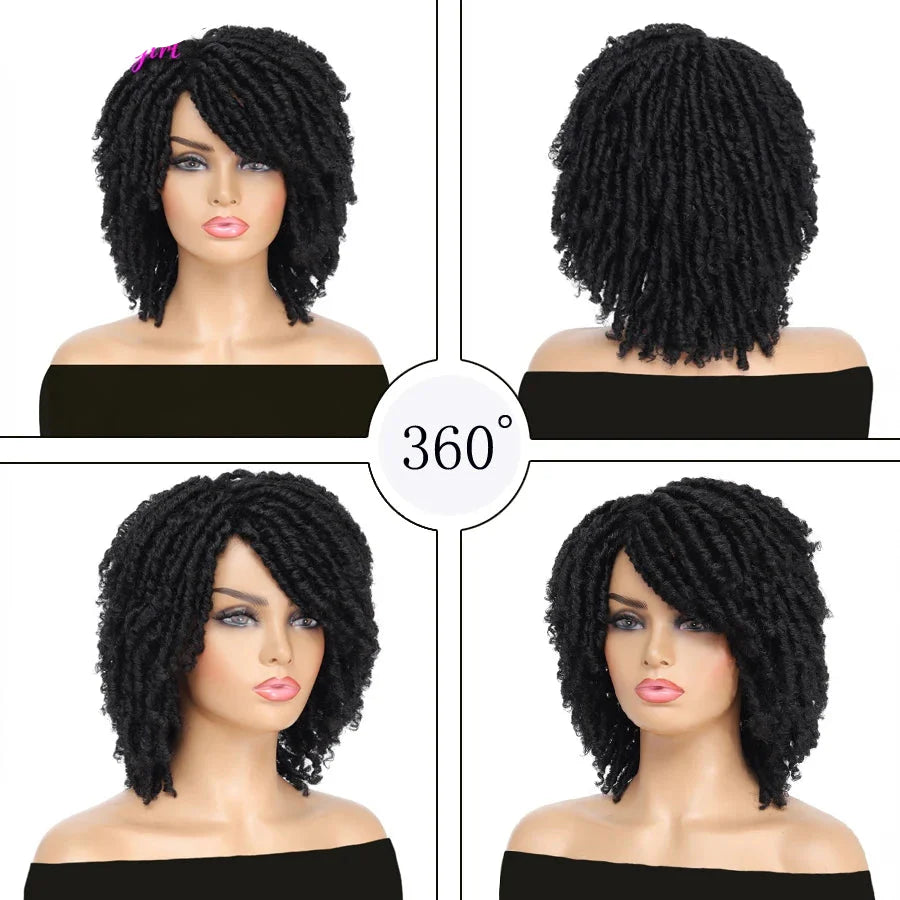 Short Afro Curly Faux Locs Wig | Twist Braids | Heat Resistant | Ombre Brown | Black Women