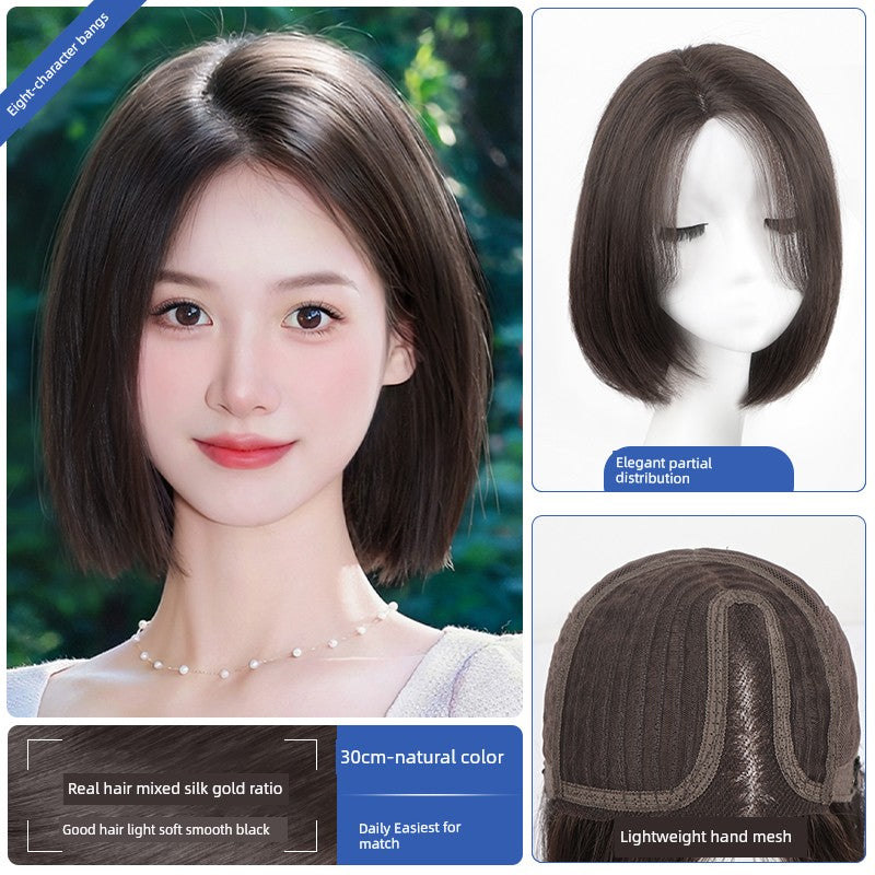 Natural Full-Head Human Hair Wig | Classy Collarbone Length Short Straight Wig with Oblique Bangs for Women (Sweet & Lovely, Elegant Style)