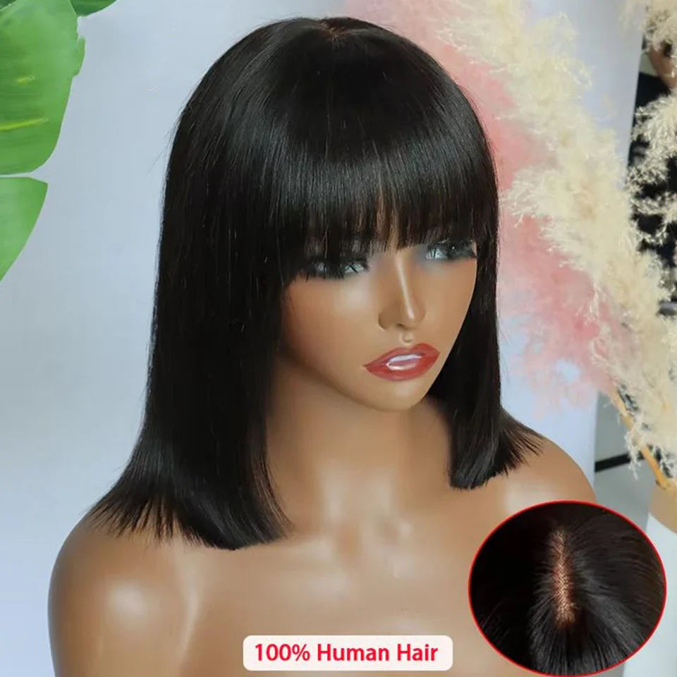 Malaysian Straight Bob Lace Wig with Bangs | Middle Part Glueless Human Hair