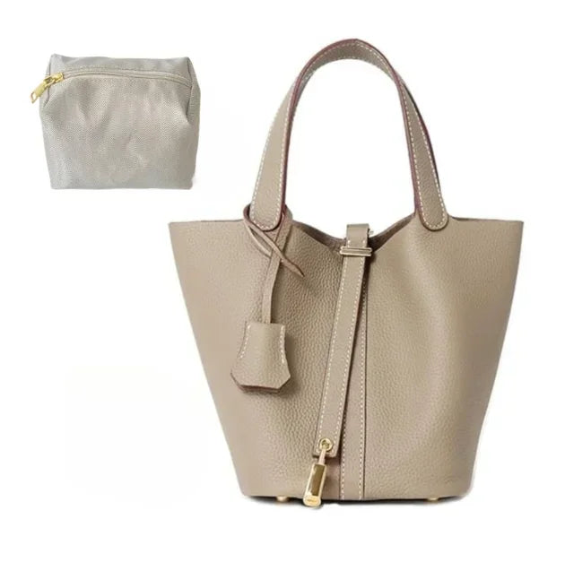Leather Bucket Bag | Large Soft Shoulder Tote with Lock (Everyday Travel Handbag for Women & Girls)