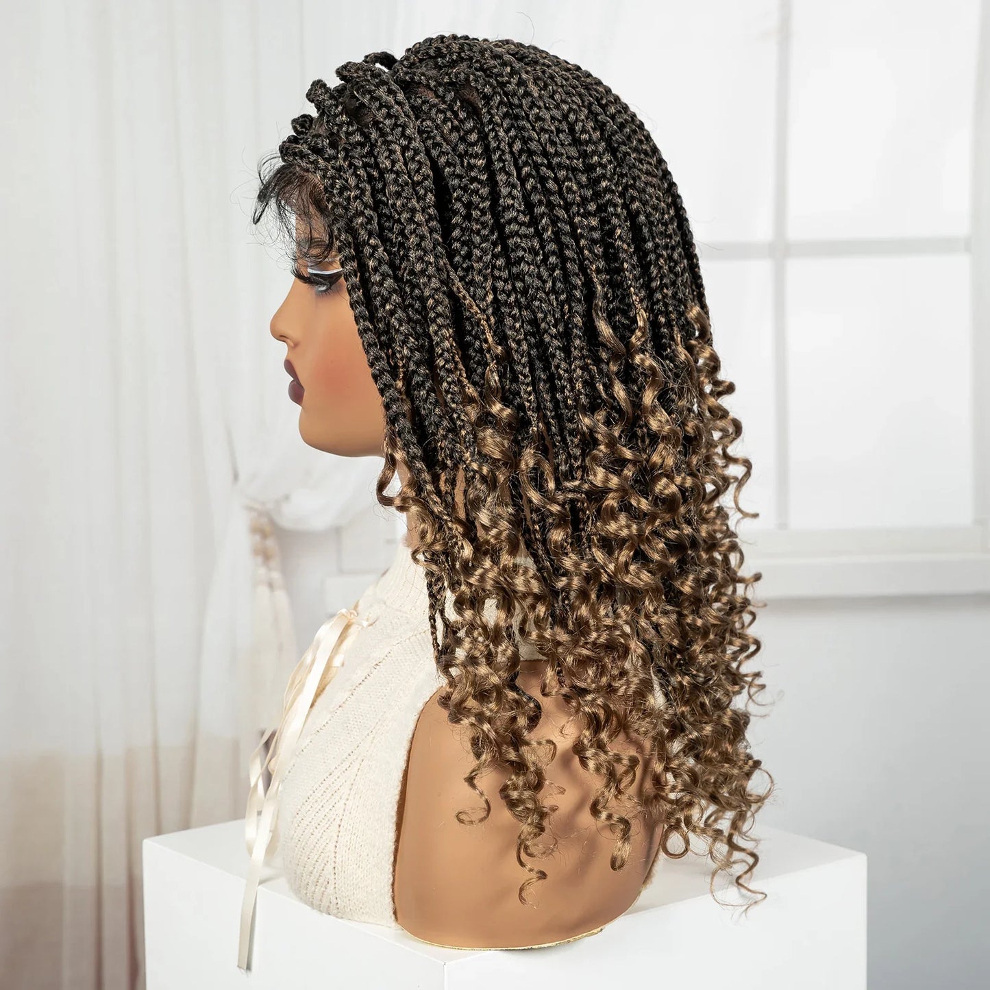Knotless Box Boho Braided Wig with Curly Ends | Short Bob Style | Full Lace Synthetic Wig for Black Women