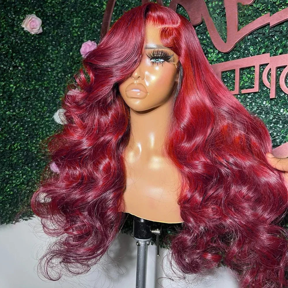 99J Burgundy Body Wave Lace Front Wig | HD Transparent Lace | 200% Density | 30-34 Inch Brazilian Hair