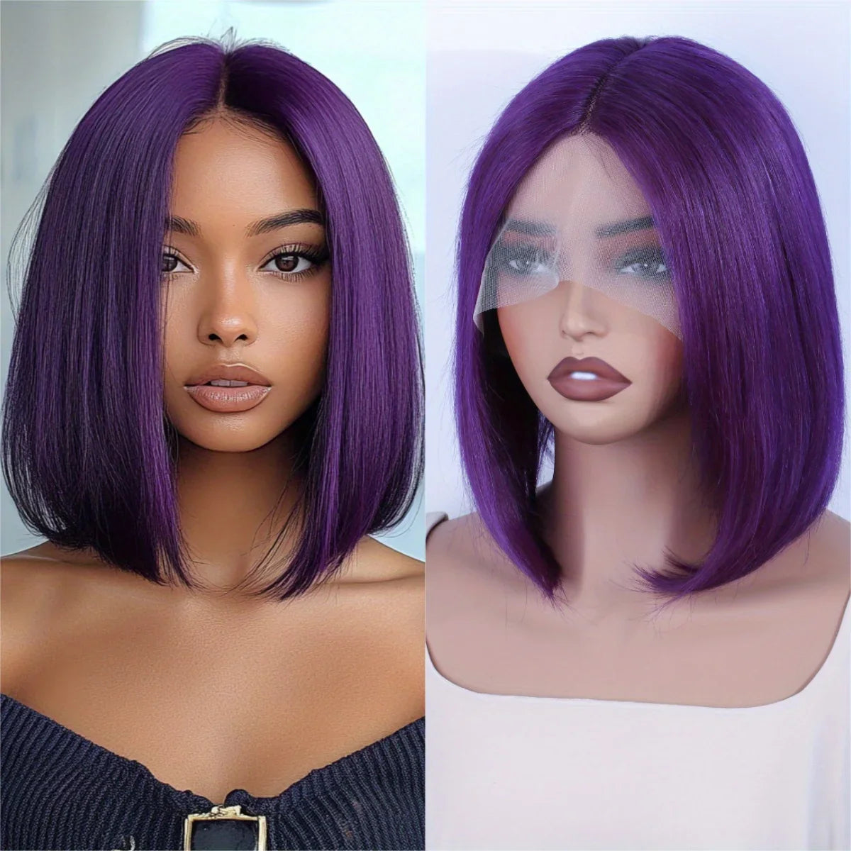 Purple Straight Bob Wig | 13x5x1 Brazilian Human Hair Lace Part with 180% Density (Party Style, Remy)