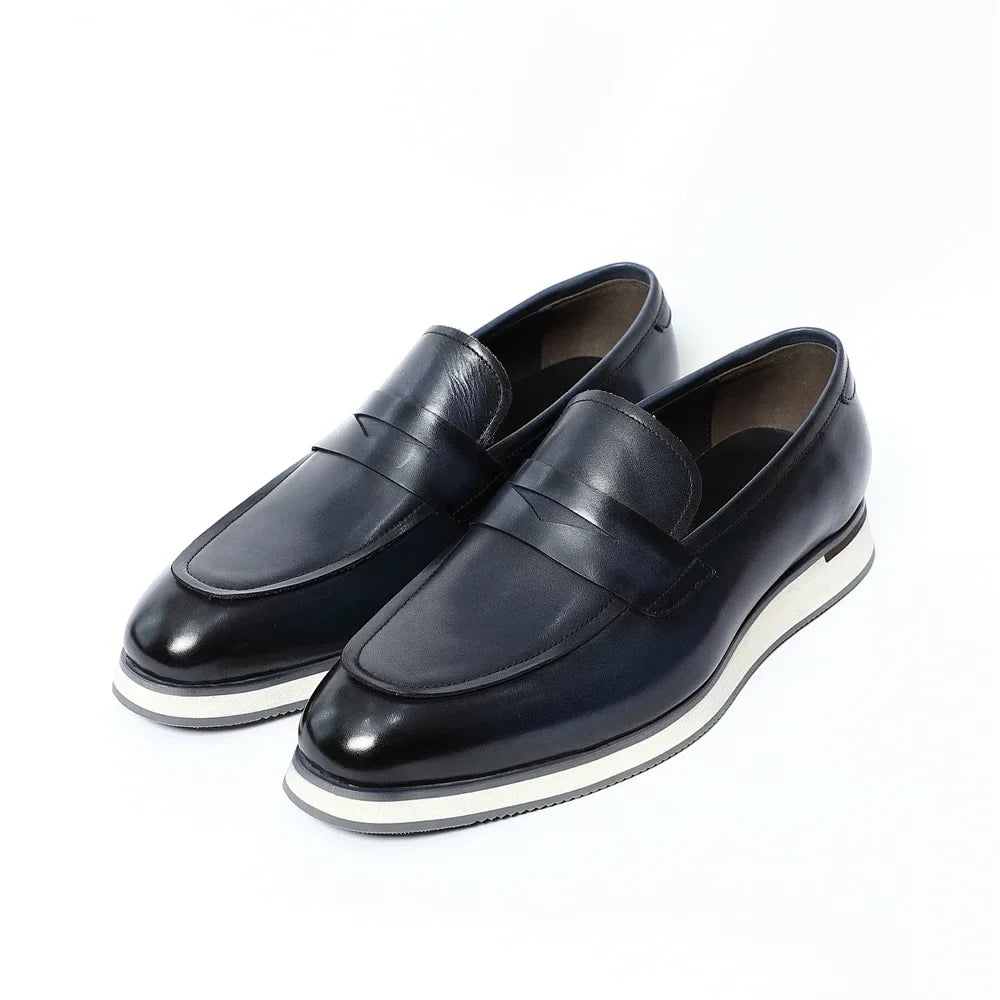 Classy Men's Genuine Cow Leather Penny Loafers | Blue & Black Casual Business Flats (Breathable)