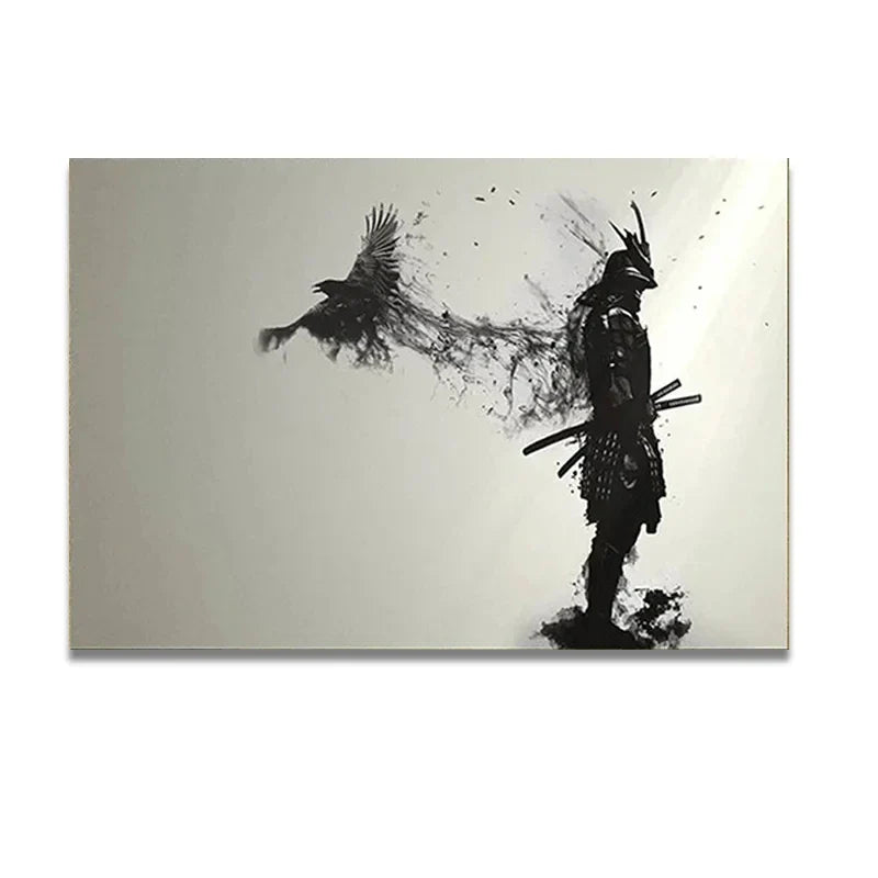 Black and White Japanese Black Samurai Man with Crow Posters and Print Wall Art Canvas Painting for Living Room Cuadros Decor