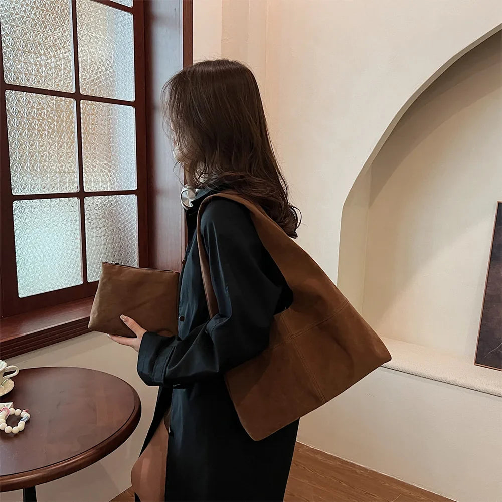 Women's Faux Suede Tote Bag | Vintage Large Capacity Shoulder & Underarm Handbag (Designer Style, Simple Commuting Bag)