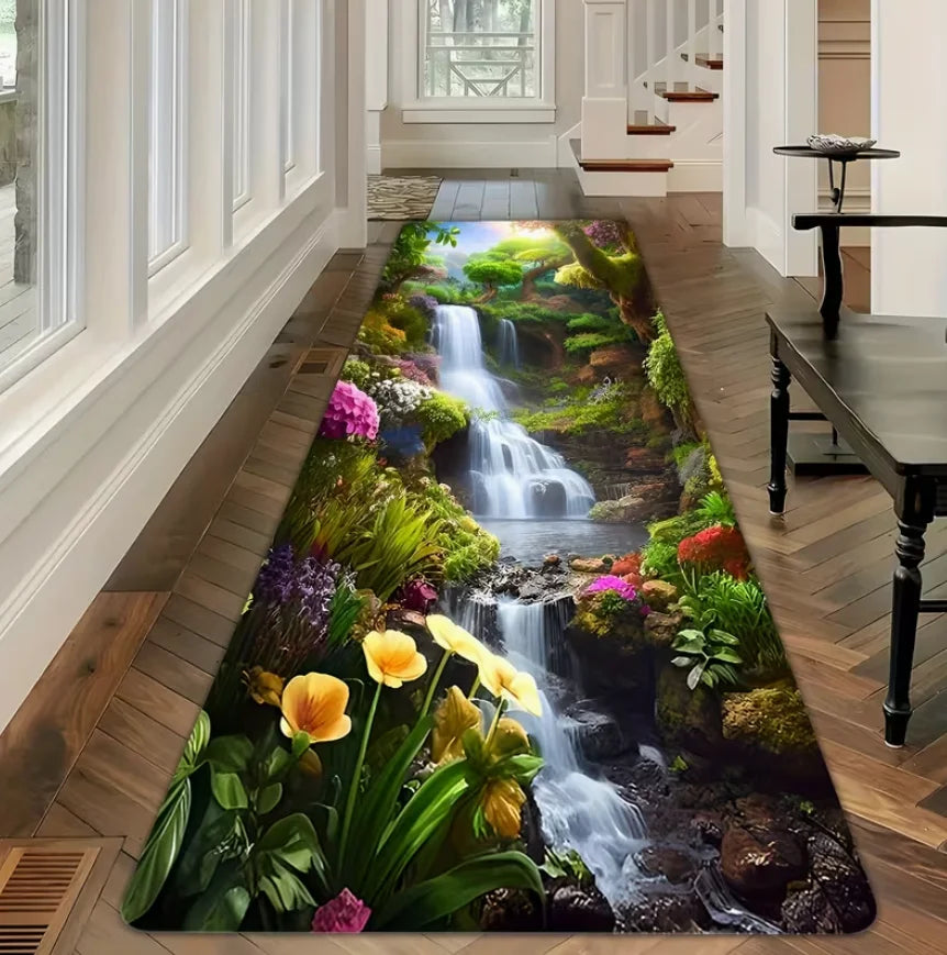 1pc Waterfall Forest Flower Printed Long Corridor Carpet Runway Doormat for Kitchens Entrances Living Rooms Home Decoration Rugs