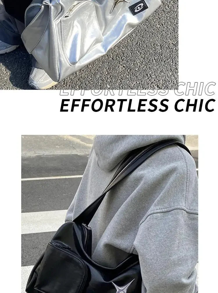 Silver Y2K Tote Bag for Women | Aesthetic Luxury Designer Large Capacity Shoulder Bag (Commuter PU Leather Shopper Handbag)