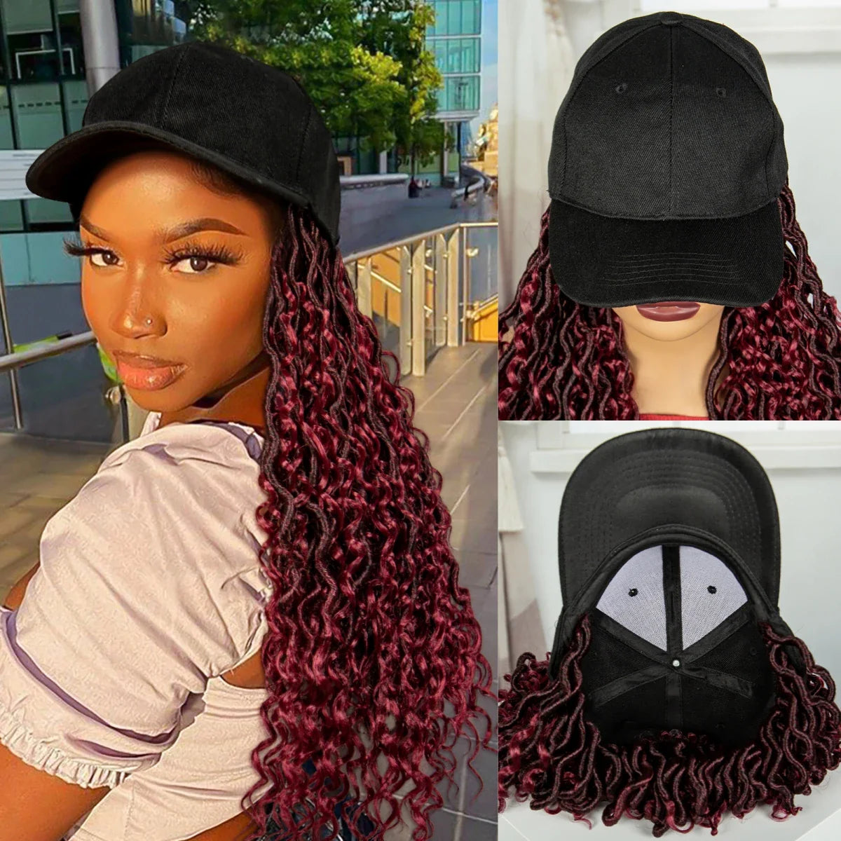 Burgundy Knotless Braids Hat Wig with Curly Ends | Adjustable Baseball Cap