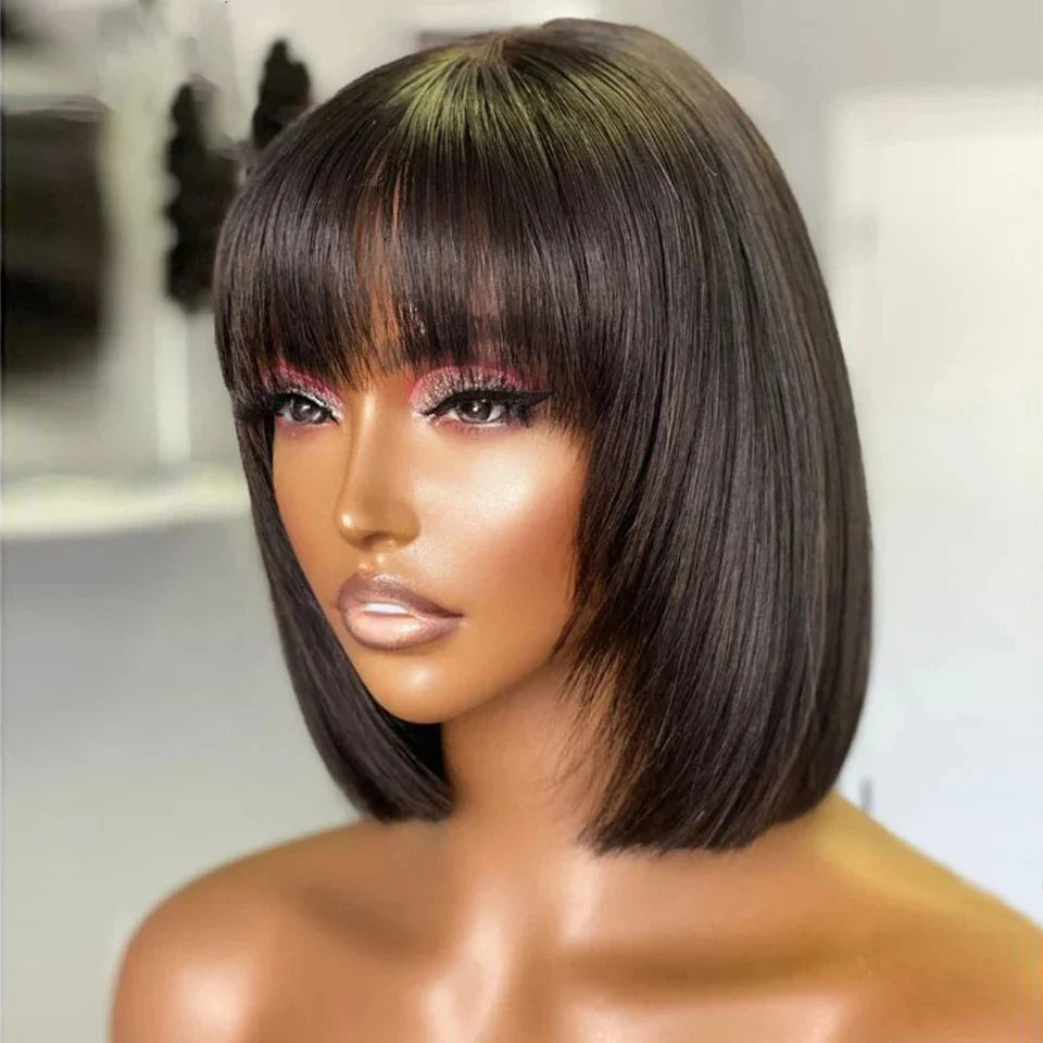 Silky Straight Bob Wig with Bangs | 100% Human Hair Full Machine Made (8-12 Inch)