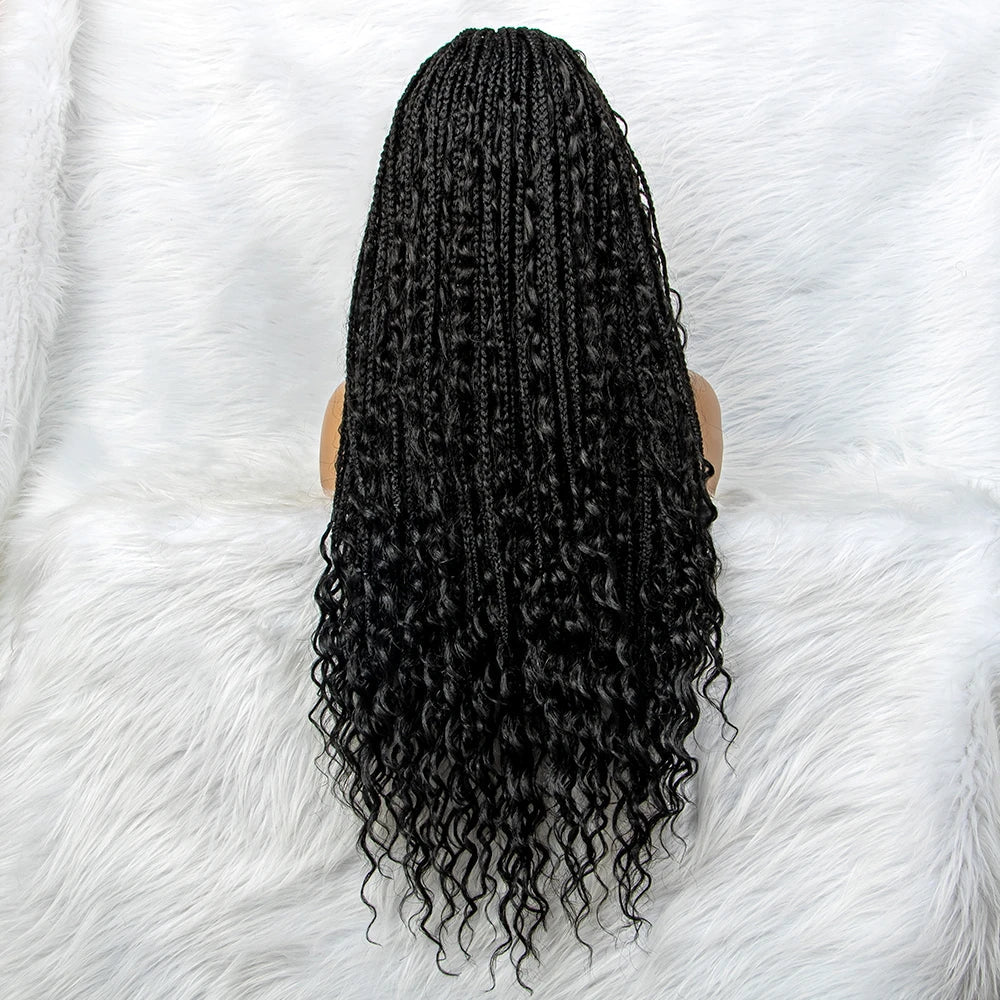 Curly End Box Braids Lace Frontal Wig with Baby Hair | Synthetic Full Lace Braided Wig for Black Women