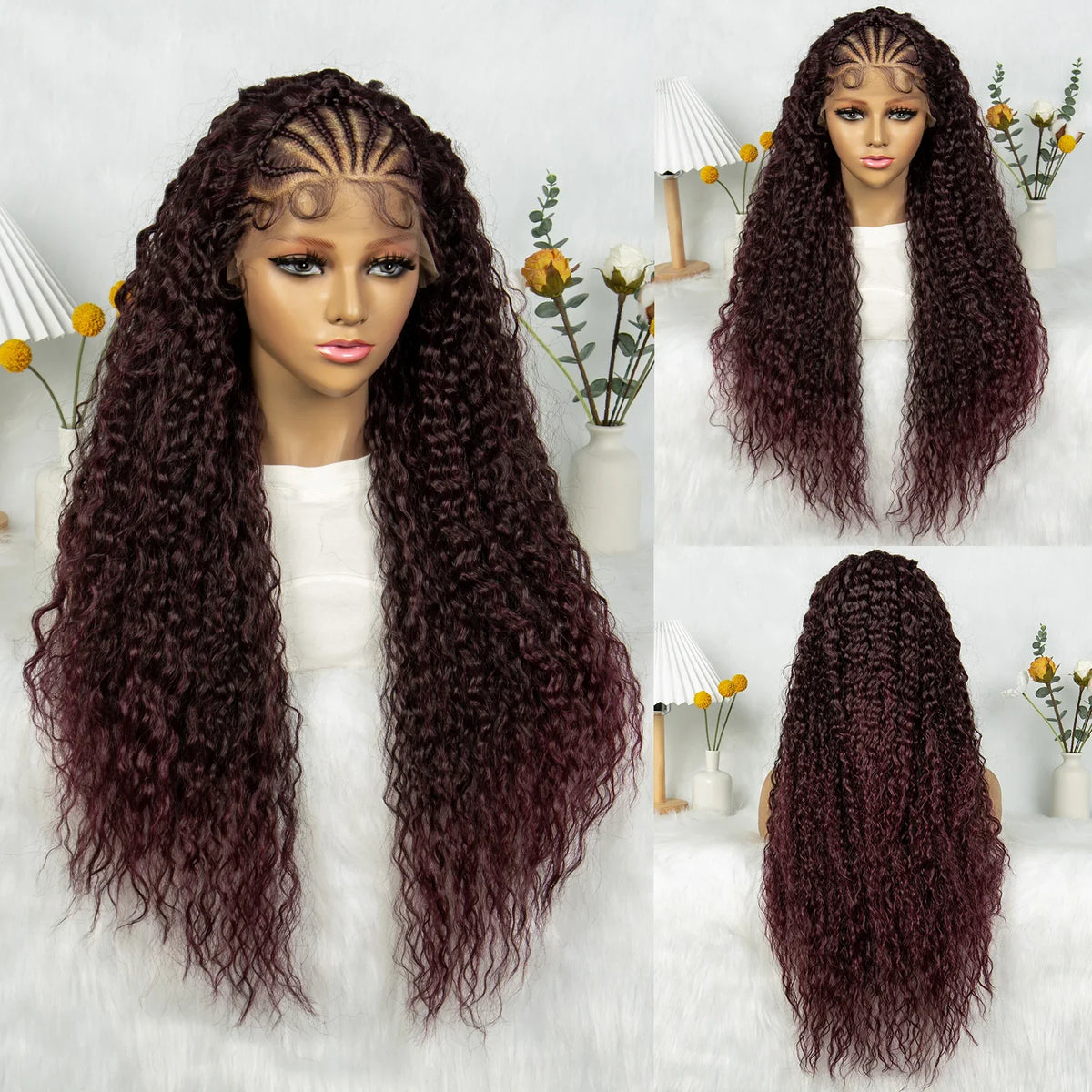 Burgundy Wavy Braided Lace Front Wig | Synthetic Braids | Black Women