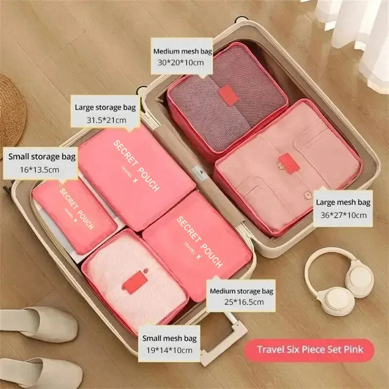 6Pcs Luggage Travel Bags | Underwear Shoes Storage Bag & Oxford Waterproof Cloth Suitcase Pouch Cube (Red Organiser for Clothing)