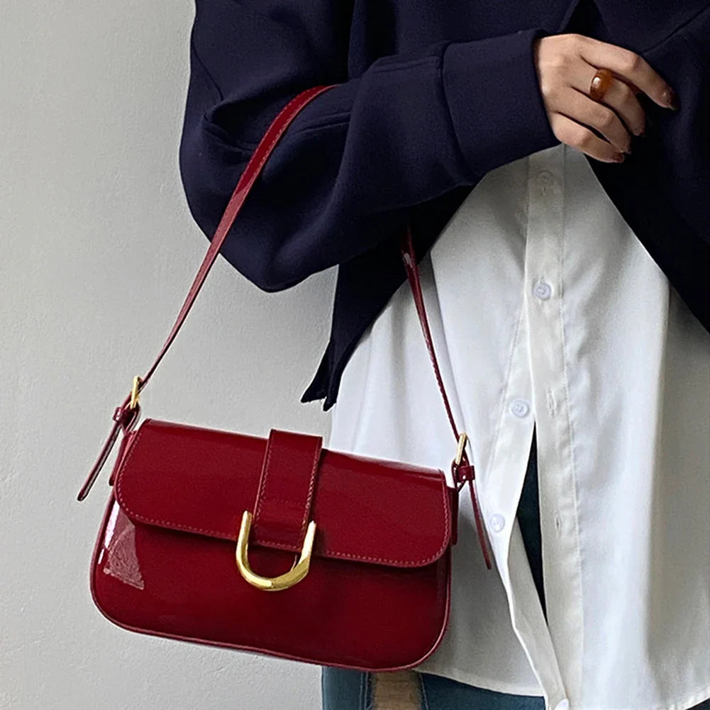 Retro Patent Leather Shoulder Bag for Women | Luxury Flap Crossbody & Solid Color Underarm Bag (Red Lady Handbag)