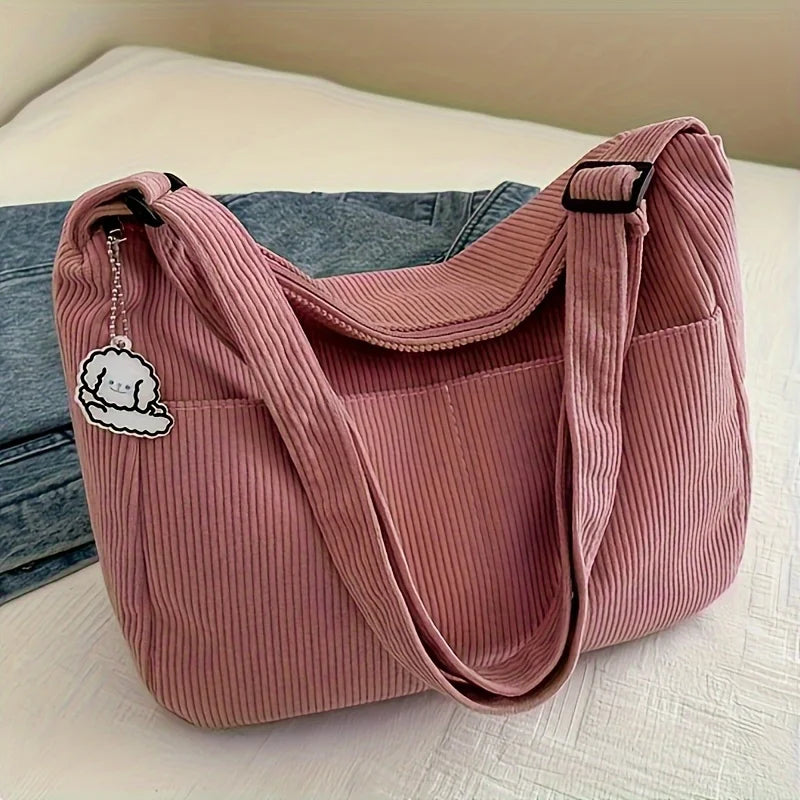 Women's Corduroy Shoulder Bag | Casual Striped Large Capacity Tote with Zipper (Cute Hat Patch, Everyday Use)
