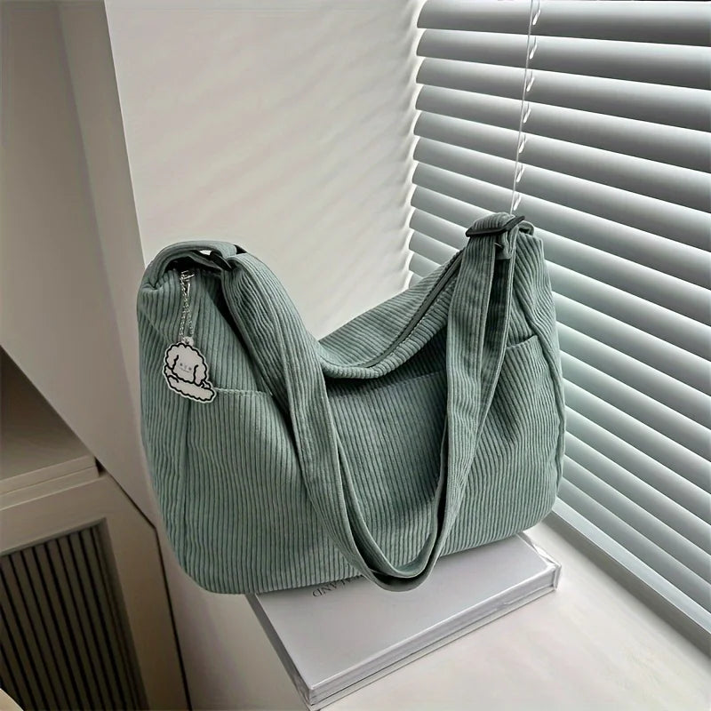 Women's Corduroy Shoulder Bag | Casual Striped Large Capacity Tote with Zipper (Cute Hat Patch, Everyday Use)