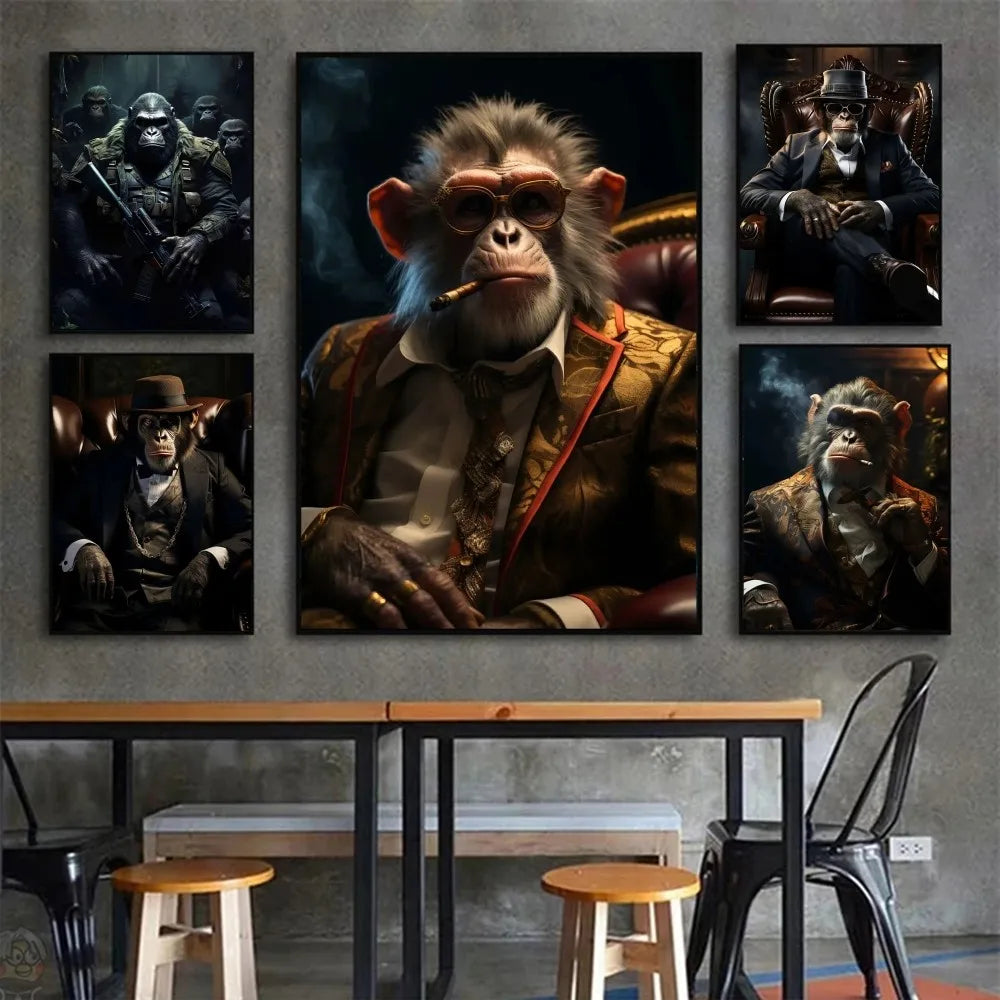 Funny Smoking Monkey Chimpanzee In Suit Gorilla Gangsters Poster HD Posters Home Room Bar Cafe Decor Art Wall Painting Picture