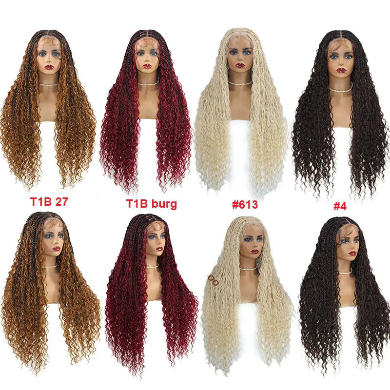 Boho Curly End Braided Full Lace Front Wig | Goddess Locs | Knotless Box Braids | Synthetic Bohemian Wig
