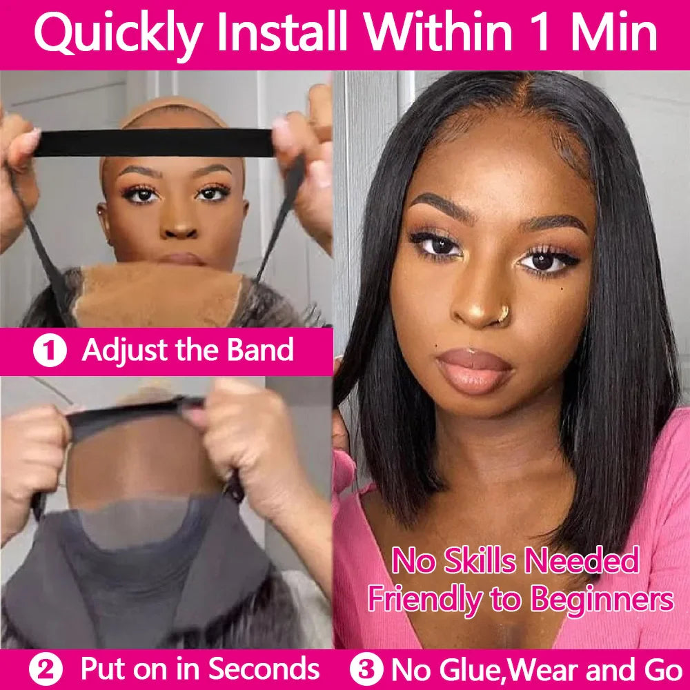 Straight Bob Wig | Glueless | Brazilian Remy Hair | 4x4 Lace Closure | Pre-Cut | Ready to Wear | Natural Black