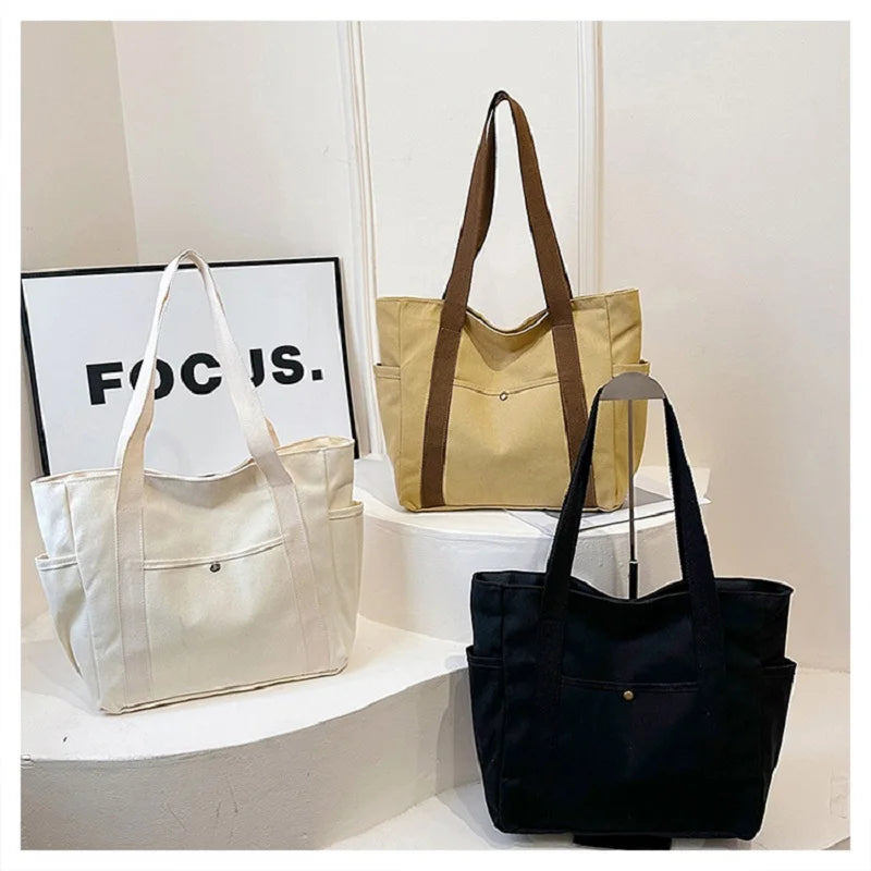 Preppy Style Shoulder Bag Unisex | Large Capacity Handbag & Casual Versatile Solid Canvas Bag (Student Commuting Zipper Square Bag)