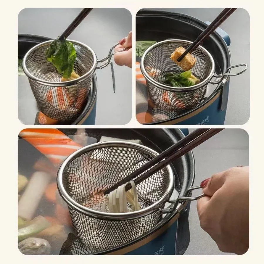 Stainless steel chafing dish, leaky spoon, household strainer, funnel, hook, instant boiled meat, fried Lo mein, boiled noodles