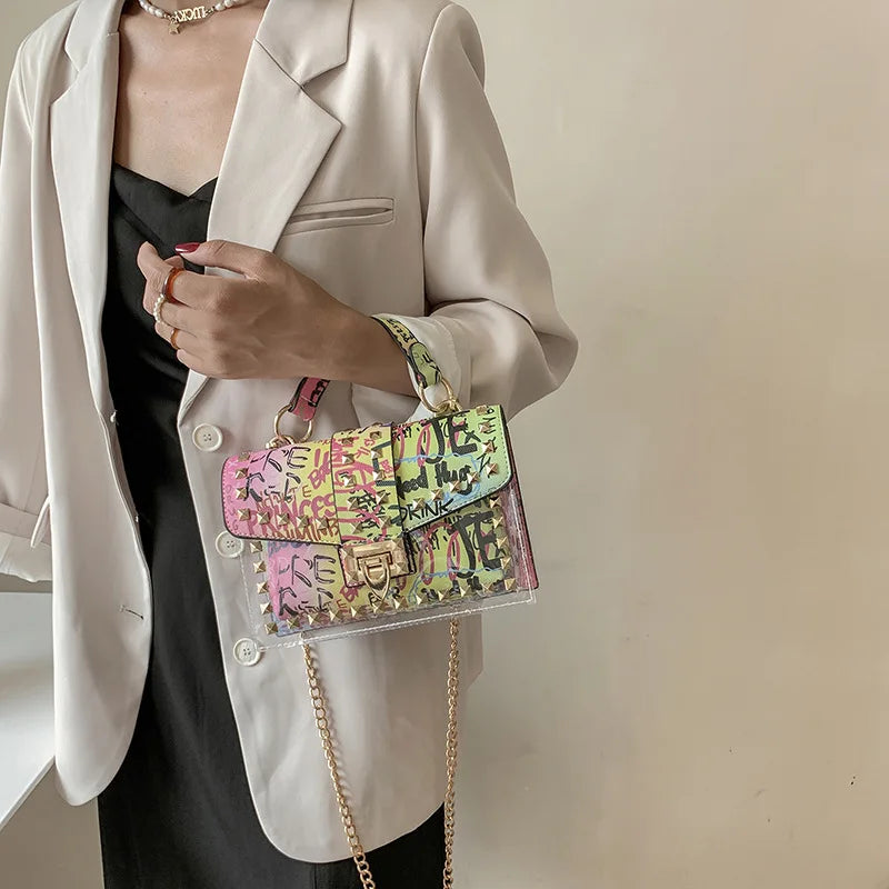 Brand Women's Studded Graffiti Crossbody Bags | Fashion Shoulder Bag for Ladies (Luxury Designer PVC Handbags & Messenger Satchel)