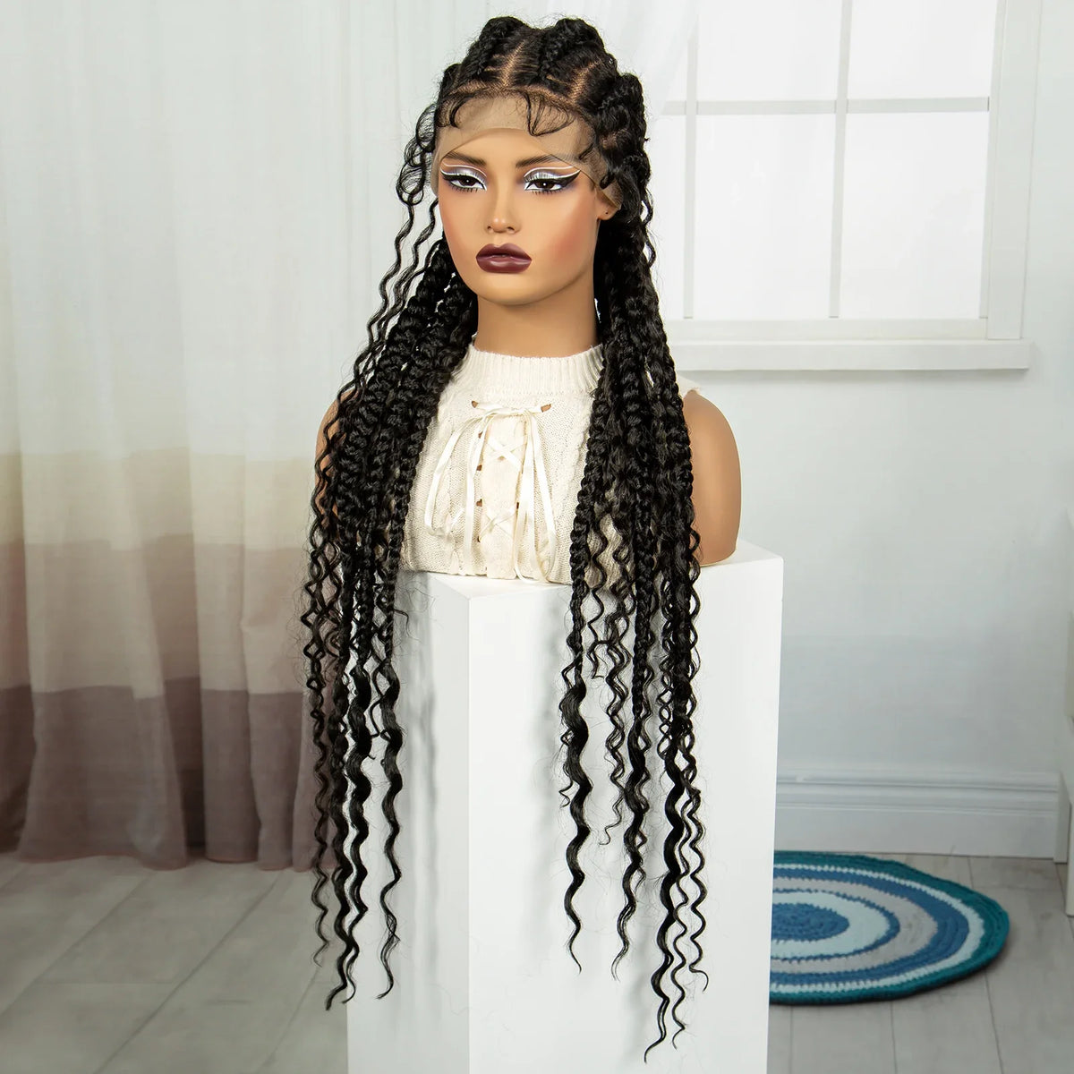 34" Cornrow & Twist Braids Wig with Curly Ends | Full Lace Frontal