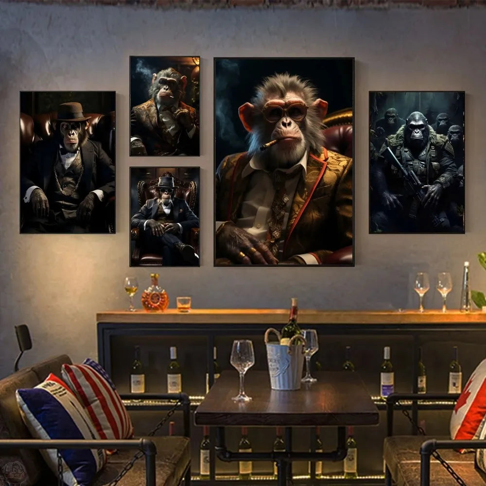 Funny Smoking Monkey Chimpanzee In Suit Gorilla Gangsters Poster HD Posters Home Room Bar Cafe Decor Art Wall Painting Picture