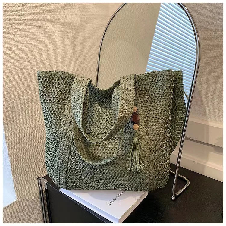 Fashion Straw Summer Large Capacity Tote Bag | Women's Shoulder Bag & Handmade Woven Bag (Fresh Rural Handheld Grass Woven Women Bag)