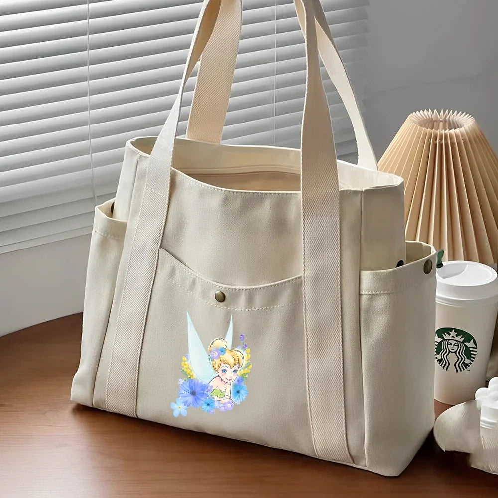 Tinker Bell Large Capacity Canvas Tote Bag | Work Commuting & College Style Student Shoulder Bag (Book Bag, Shopping Bag, Zipper Closure)