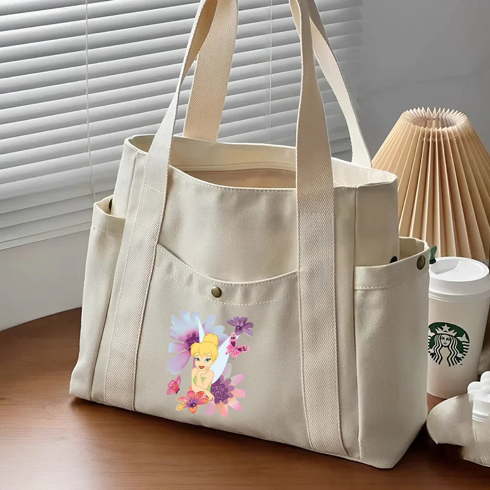Tinker Bell Large Capacity Canvas Tote Bag | Work Commuting & College Style Student Shoulder Bag (Book Bag, Shopping Bag, Zipper Closure)