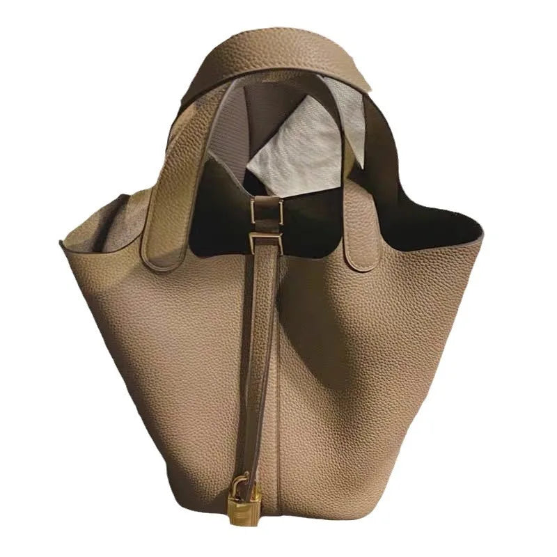Stylish Bucket Shopping Tote Bag for Women | Soft PU Litchi Pattern Handbag with Lock & Small Horse Scarf (Classic, Versatile)