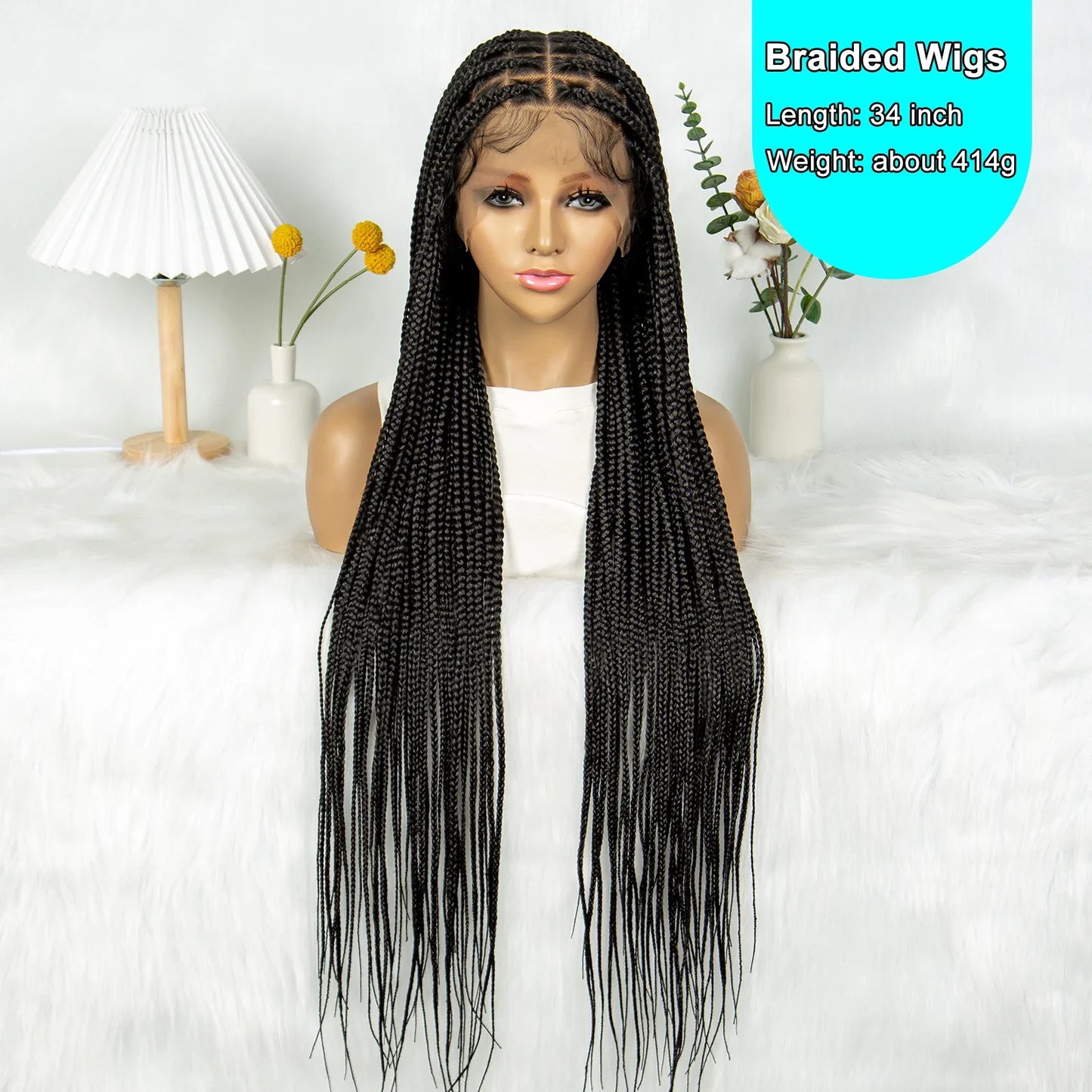 KIMA 34" Straight Box Braids Wig | Transparent Full Lace & Cornrow Detail