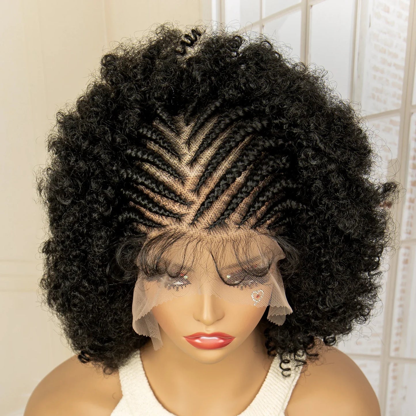 Premium Full Lace Afro Braided Wig - 8 Inch Short Kinky Curly Cornrow Braids Wig with Baby Hair - Natural Look