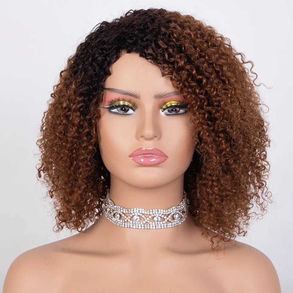 Ombre Highlight Afro Kinky Curly Human Hair Bob Wig | Full Machine Made Brazilian Remy