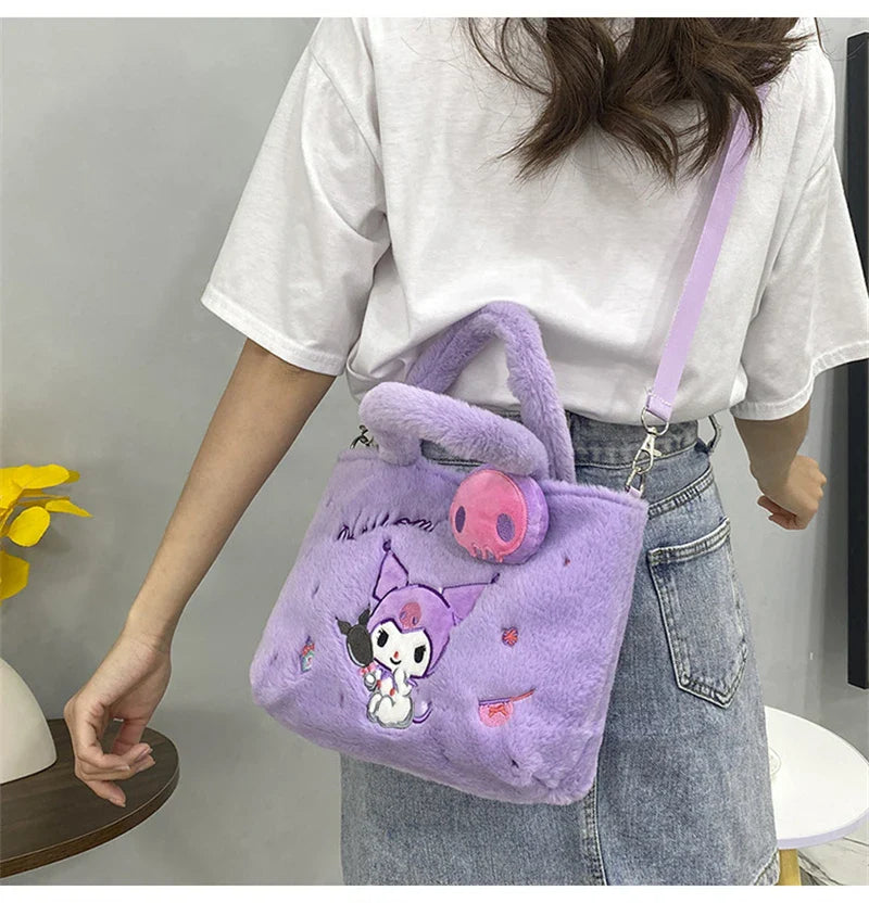 Kawaii Hello Kitty Plush Shoulder Bag | My Melody Cinnamoroll Kuromi Cute Cartoon Anime Handbag (Soft Storage Bag for Women & Girls)