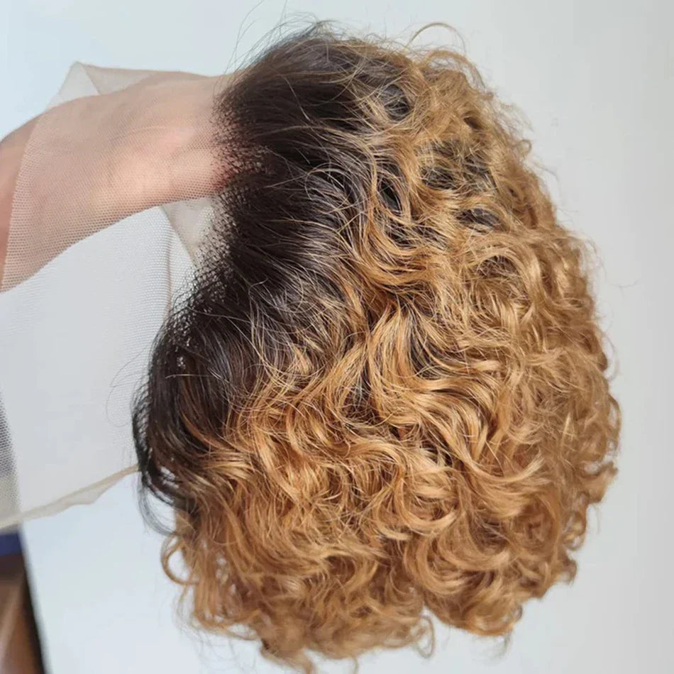 Ombre 1B/27 Pixie Cut Wigs Human Hair Curly Brazilian Virgin Hair 13x1 Transparent Lace Front Short Bob 180% Density