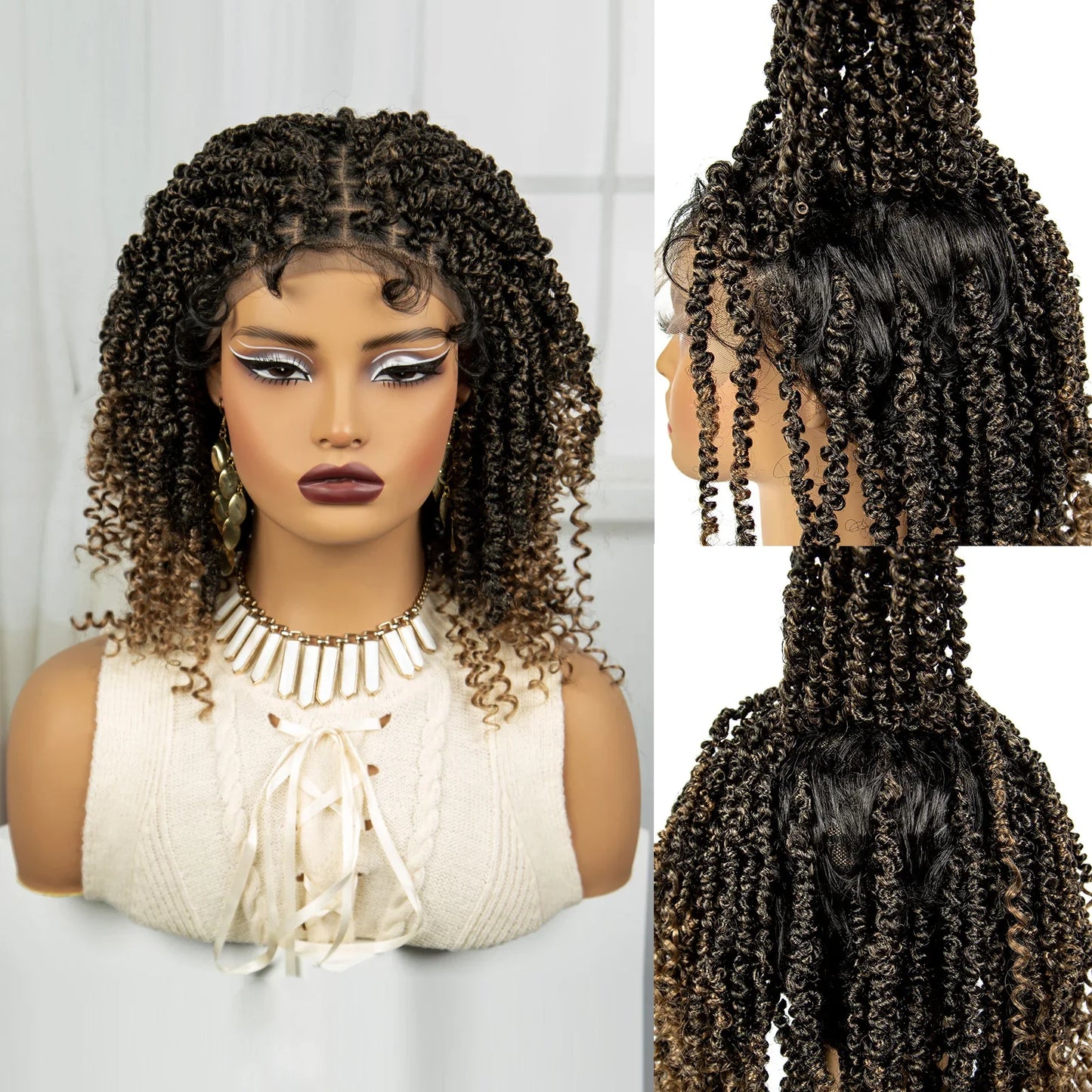 Short Knotless Box Braids Wig with Curly Ends | Handmade Lace Front Bob