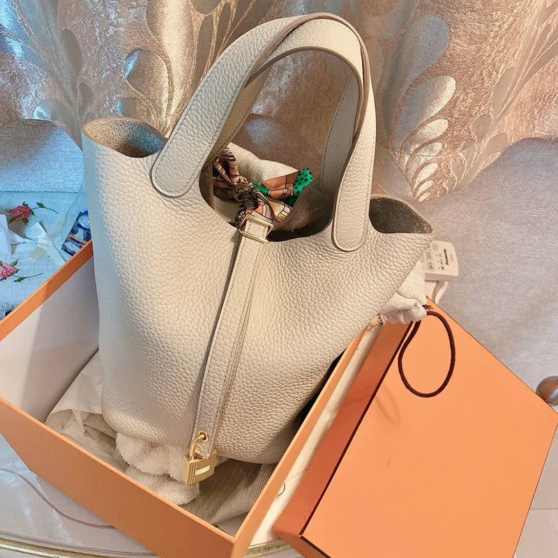 Stylish Bucket Shopping Tote Bag for Women | Soft PU Litchi Pattern Handbag with Lock & Small Horse Scarf (Classic, Versatile)